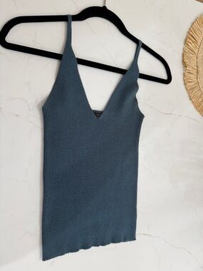 Final Touch Ribbed V-Neck Cami Tank Top - Slate Blue